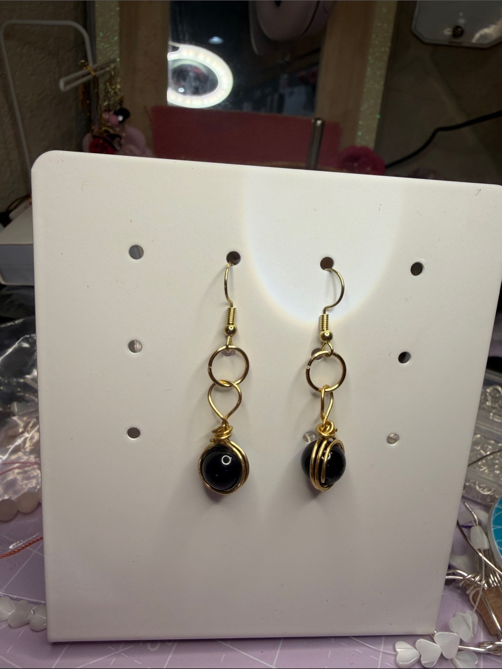 Gold-Tone Wire Wrapped Black Bead Drop Earrings